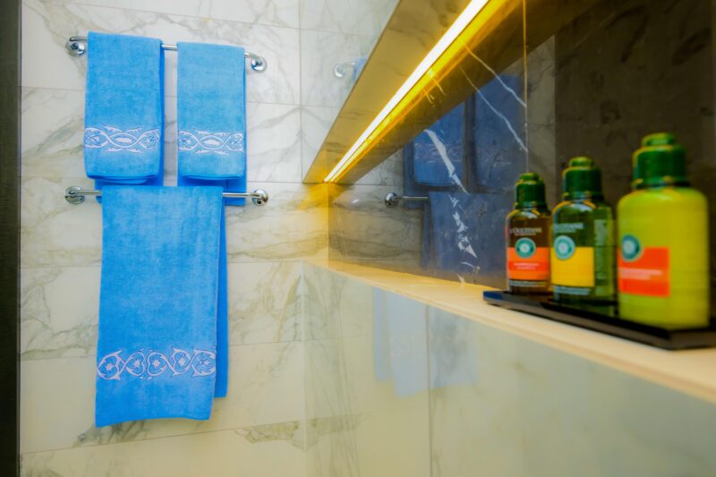 "Elysium Embroidered Bathroom Towels and Rugs Set" - Ceruleo - Image 4